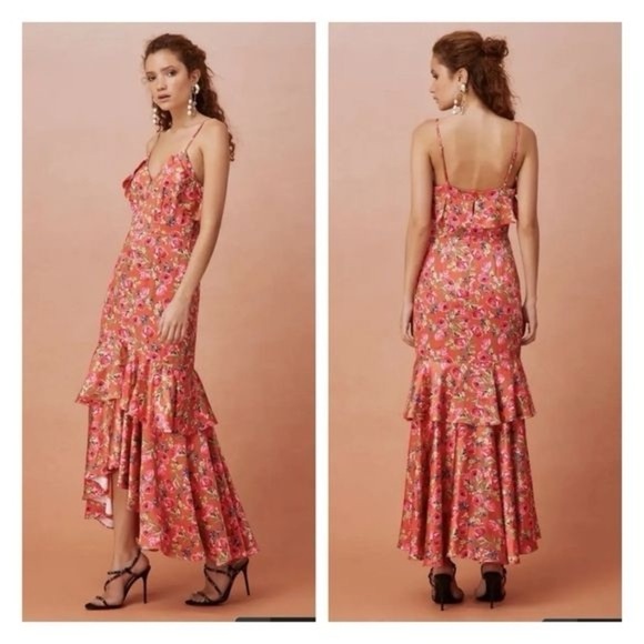 Keepsake the Label For Me Gown Tangerine Orange Floral Ruffle Trim Satin Dress - Picture 3 of 11